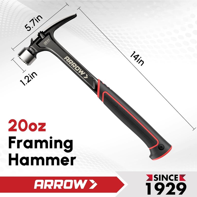 Arrow Fastener مطرقة ARROW 20 أونصة ذات مخلب مستقيم مع حامل مسمار مغناطيسي، مزيل مسمار جانبي، مطرقة مخلب ممزقة بوجه مشغول ومقبض ماص للصدمات، مطرقة ثقيلة مصنوعة من قطعة واحدة. - Image 3
